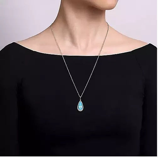 NECKLACES - Sterling Silver Faceted Pear Shape Turquoise Rock Crystal Necklace On 24" Chain