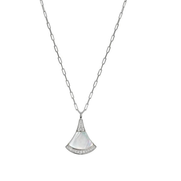 NECKLACES - Sterling Silver Fan Shape Mother Of Pearl With CZ Accent Necklace