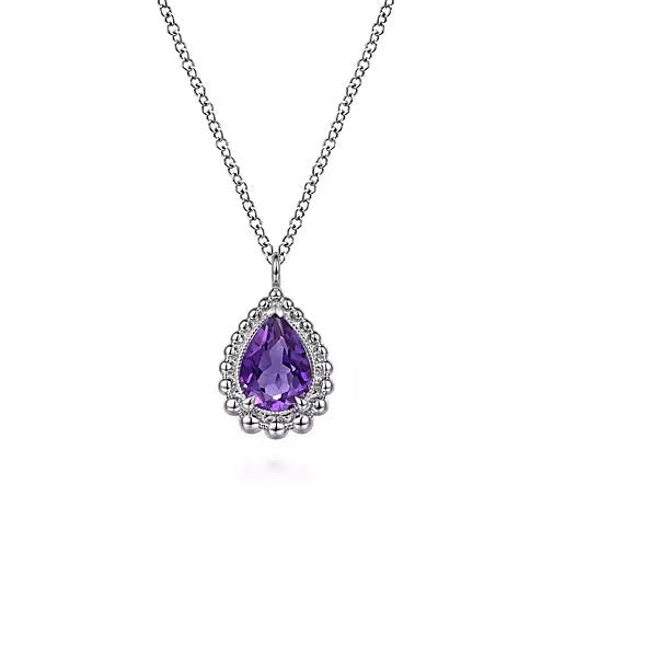 NECKLACES - Sterling Silver Pear Shape Amethyst Pendant On 17.5" Chain