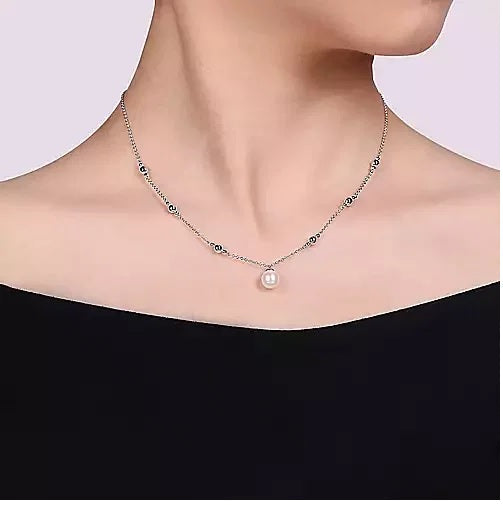 NECKLACES - Sterling Silver Pearl & Bujukan Beads Station 17.5" Necklace