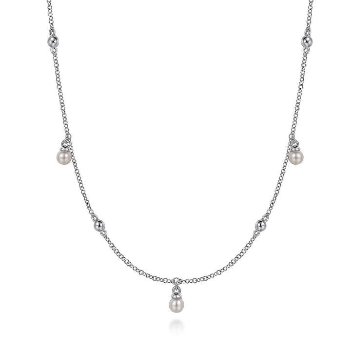 NECKLACES - Sterling Silver Pearl Drop Station Necklace On 17.5" Adjustable Chain
