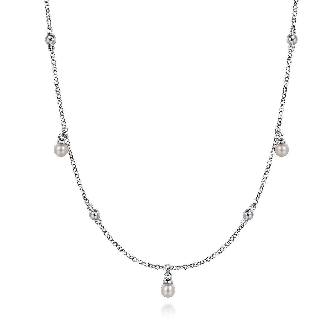 Sterling Silver Pearl Drop Station Necklace on 17.5" Adjustable Chain