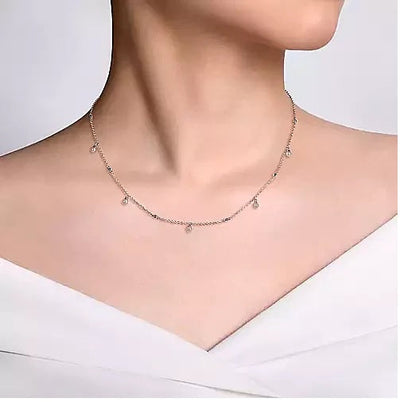 NECKLACES - Sterling Silver Pearl Drop Station Necklace On 17.5" Adjustable Chain
