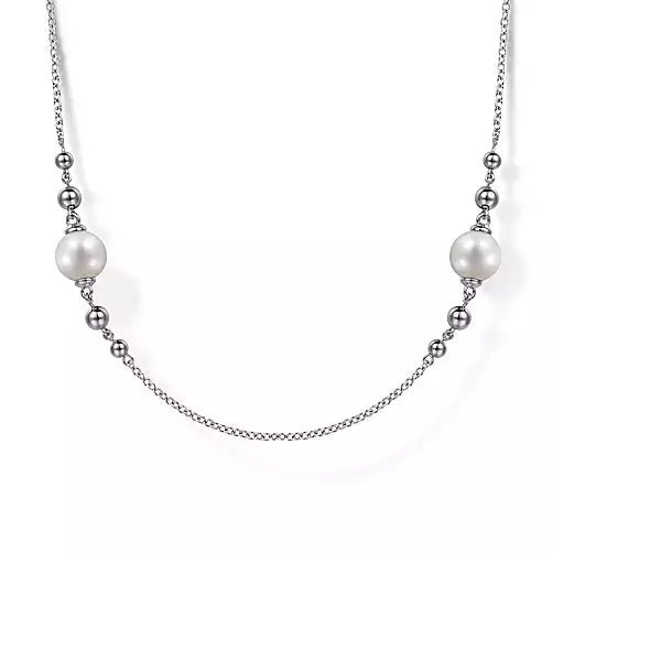 NECKLACES - Sterling Silver Round White Pearl 32" Station Necklace With Silver Bead Balls