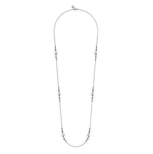 NECKLACES - Sterling Silver Round White Pearl 32" Station Necklace With Silver Bead Balls