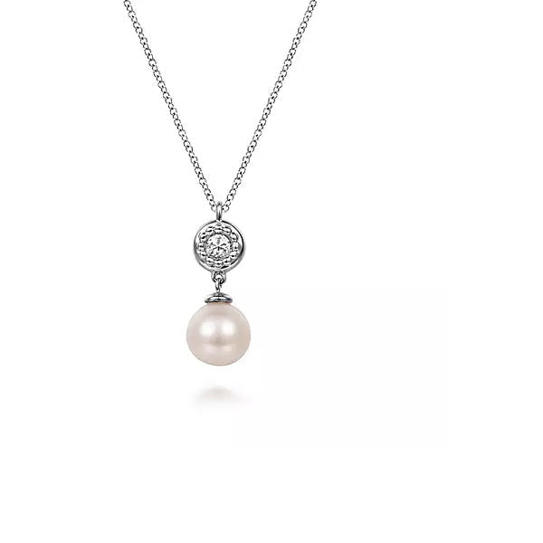 NECKLACES - Sterling Silver White Sapphire & Round Pearl Drop 17.5" Adjustable Necklace