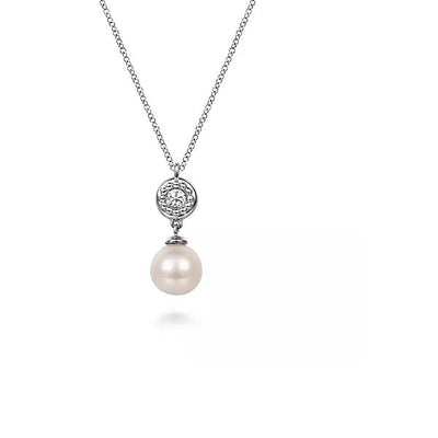 NECKLACES - Sterling Silver White Sapphire & Round Pearl Drop 17.5" Adjustable Necklace