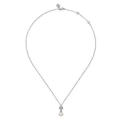 NECKLACES - Sterling Silver White Sapphire & Round Pearl Drop 17.5" Adjustable Necklace