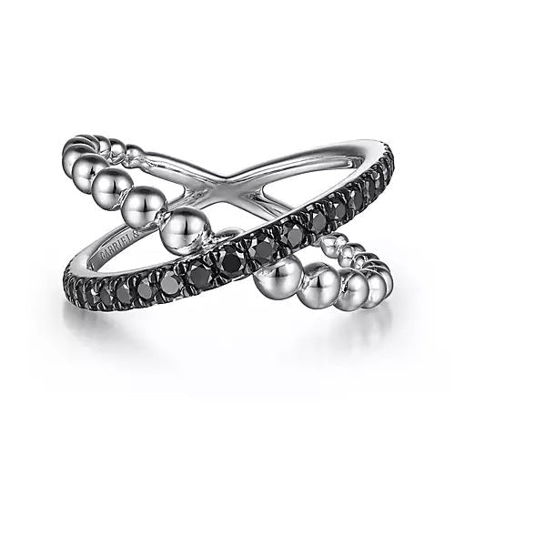 Ring - Sterling Silver Black Spinel & Bujukan Bead Criss Cross Fashion Ring. Finger Size 6.5