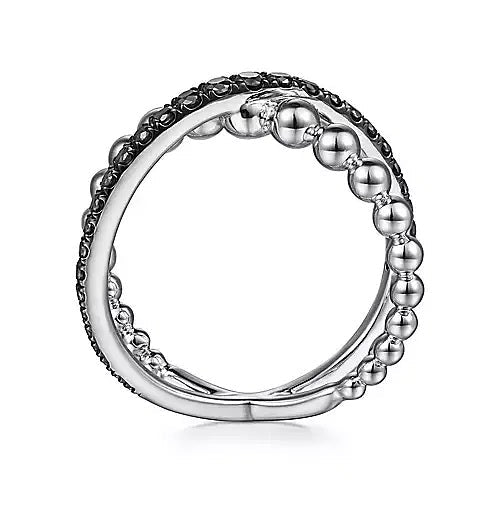 Ring - Sterling Silver Black Spinel & Bujukan Bead Criss Cross Fashion Ring. Finger Size 6.5