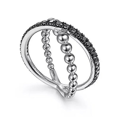Ring - Sterling Silver Black Spinel & Bujukan Bead Criss Cross Fashion Ring. Finger Size 6.5