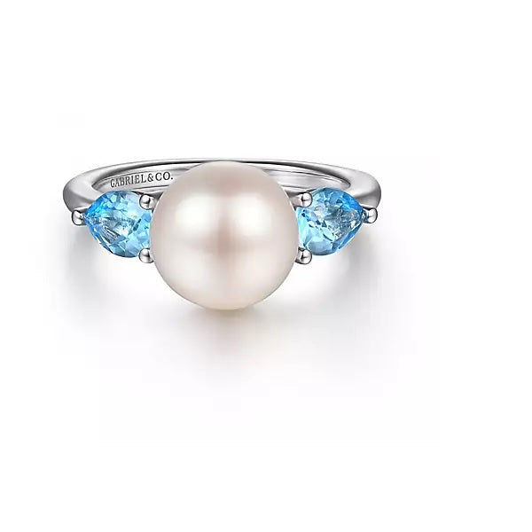 Ring - Sterling Silver Pearl & Swiss Blue Topaz Fashion Ring. Finger Size 6.5
