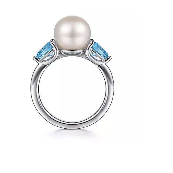 Ring - Sterling Silver Pearl & Swiss Blue Topaz Fashion Ring. Finger Size 6.5