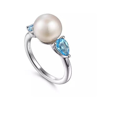 Ring - Sterling Silver Pearl & Swiss Blue Topaz Fashion Ring. Finger Size 6.5