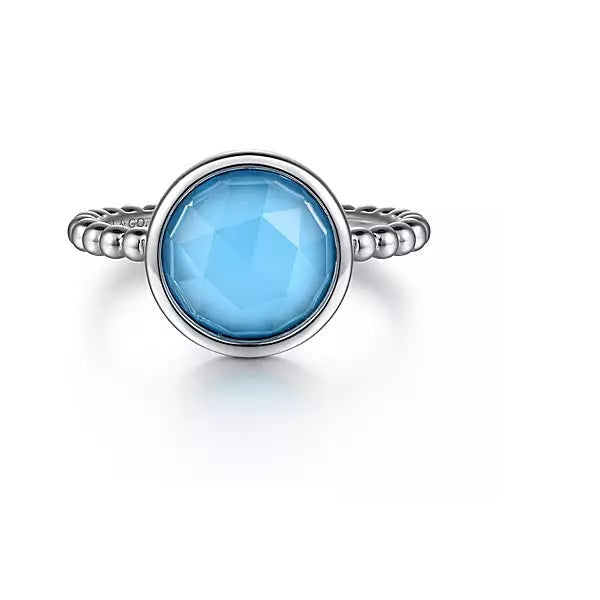 Ring - Sterling Silver Rock Crystal & Turquoise Bezel Bujukan Fashion Ring. Finger Size 6.5