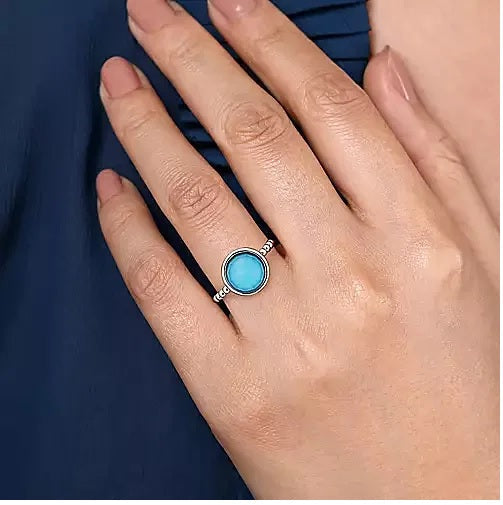 Ring - Sterling Silver Rock Crystal & Turquoise Bezel Bujukan Fashion Ring. Finger Size 6.5