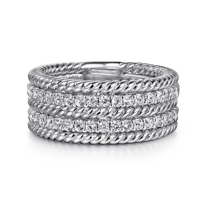Ring - Sterling Silver White Sapphire Hampton Easy Stacklable Multi Row Ladies Fashion Ring. Finger Size 6.5