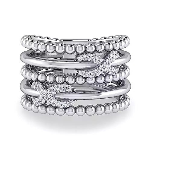 Ring - Sterling Silver White Sapphire Multi Row Bujukan Fashion Ring With X Designs. Finger Size 6.5