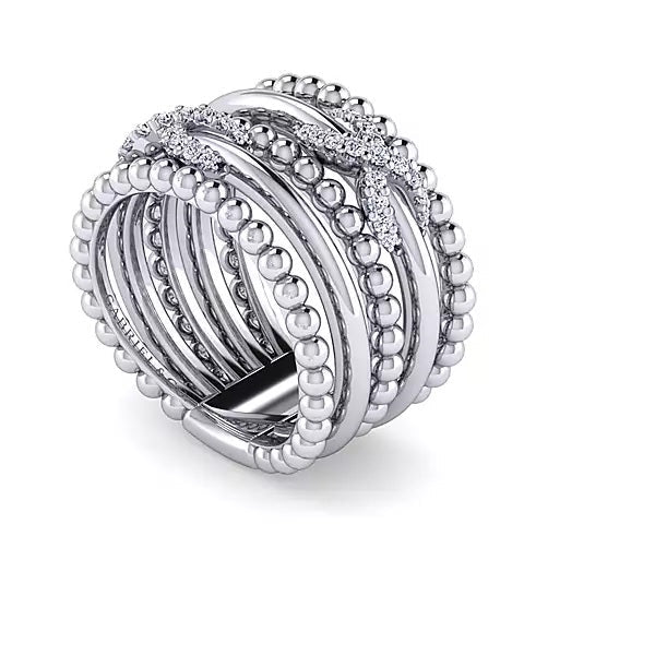 Ring - Sterling Silver White Sapphire Multi Row Bujukan Fashion Ring With X Designs. Finger Size 6.5