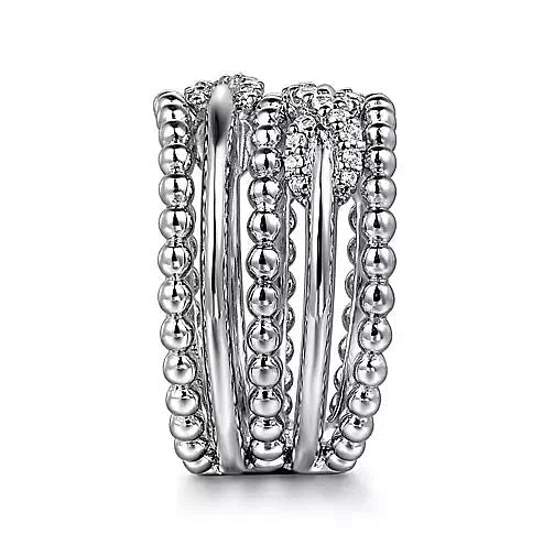 Ring - Sterling Silver White Sapphire Multi Row Bujukan Fashion Ring With X Designs. Finger Size 6.5