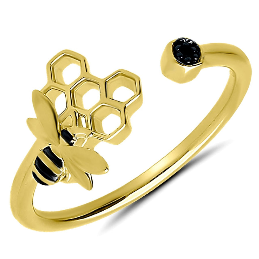 RINGS - 10K Yellow Gold 0.01cttw Black Diamond Bee & Honeycomb Fashion Ring
