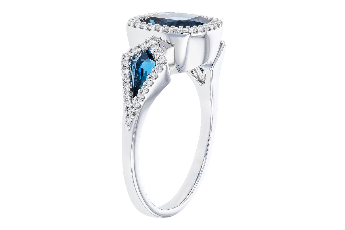 14K White Gold 3-Stone London Blue Topaz and Diamond Statement Ring