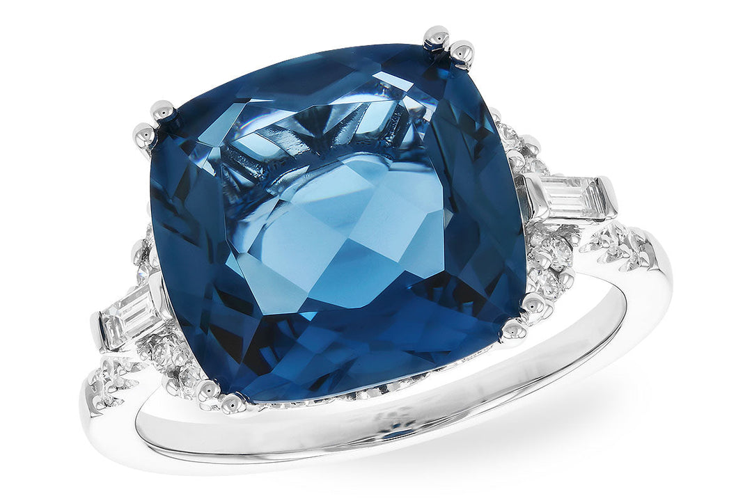 RINGS - 14K White Gold Cushion Cut London Blue Topaz And Diamond Fashion Ring