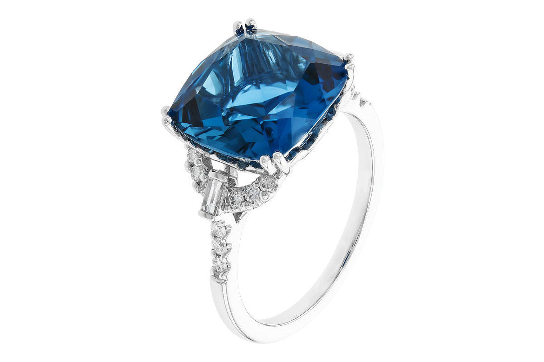 RINGS - 14K White Gold Cushion Cut London Blue Topaz And Diamond Fashion Ring