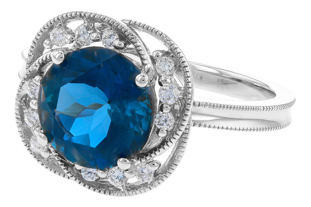 RINGS - 14K White Gold London Blue Topaz And Diamond Floral Style Ring