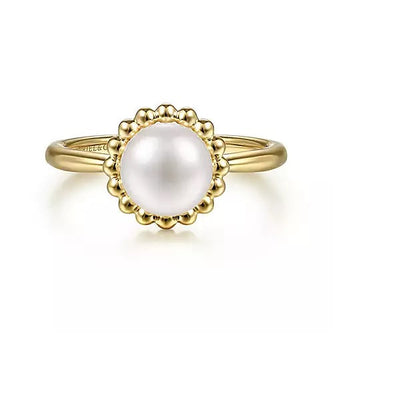 RINGS - 14K Yellow Gold Fresh Water Pearl With Bujukan Beaded Halo Fashion Ring