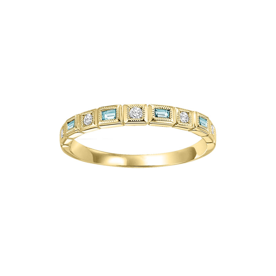 RINGS - Aquamarine Birthstone Emerald Cut Diamond Ring 10K Yellow Gold