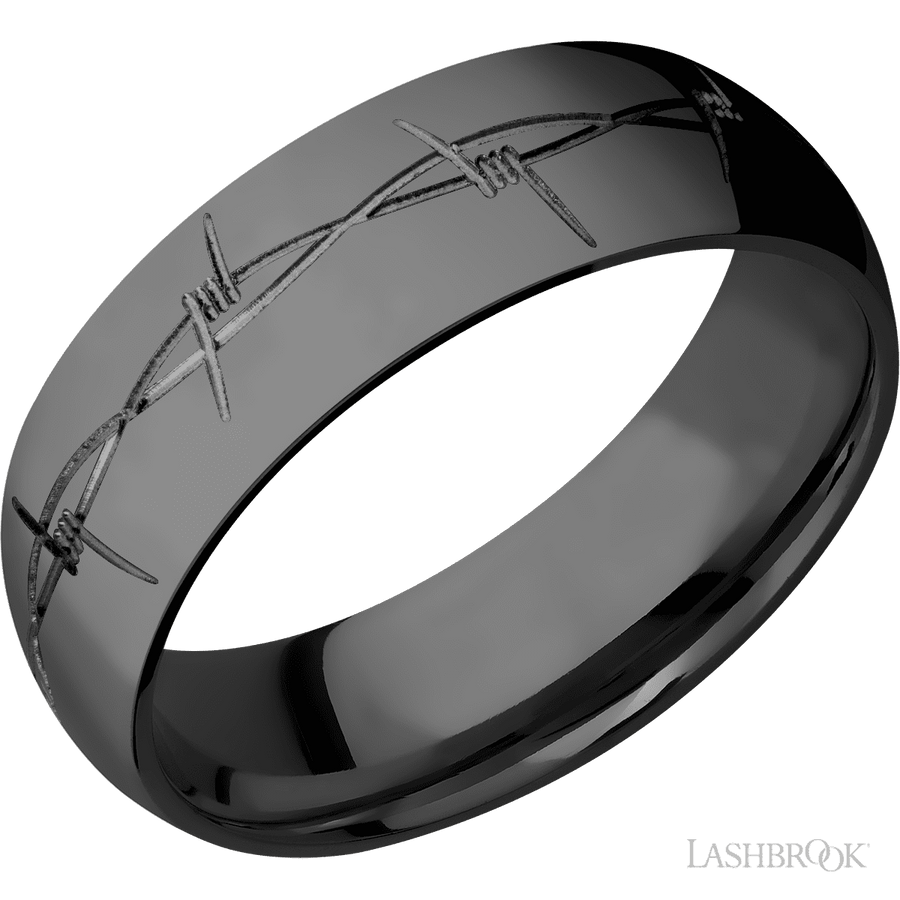 WEDDING - Barbed Wire Design Black Zirconium Wedding Band 7mm Wide