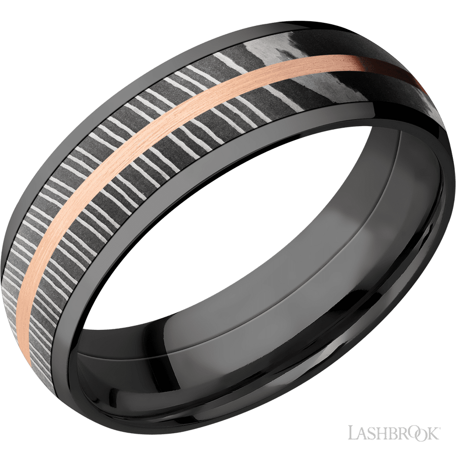 WEDDING - Black Zirconium Damascus Steel Band 14K Rose Gold 5mm