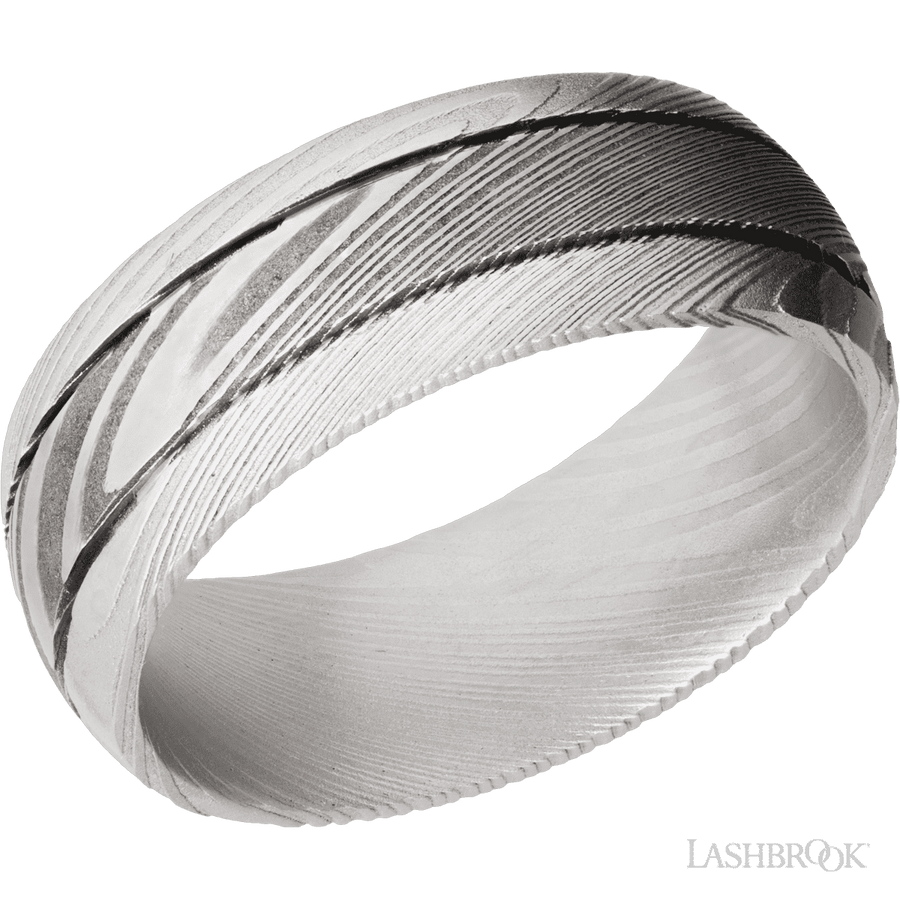 WEDDING - Damascus Steel Wedding Band 8mm With 2 .5mm Grooves