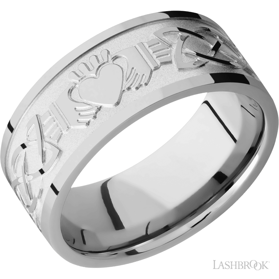 WEDDING - Flat Celtic Claddagh Style Wedding Band Titanium 9mm Wide