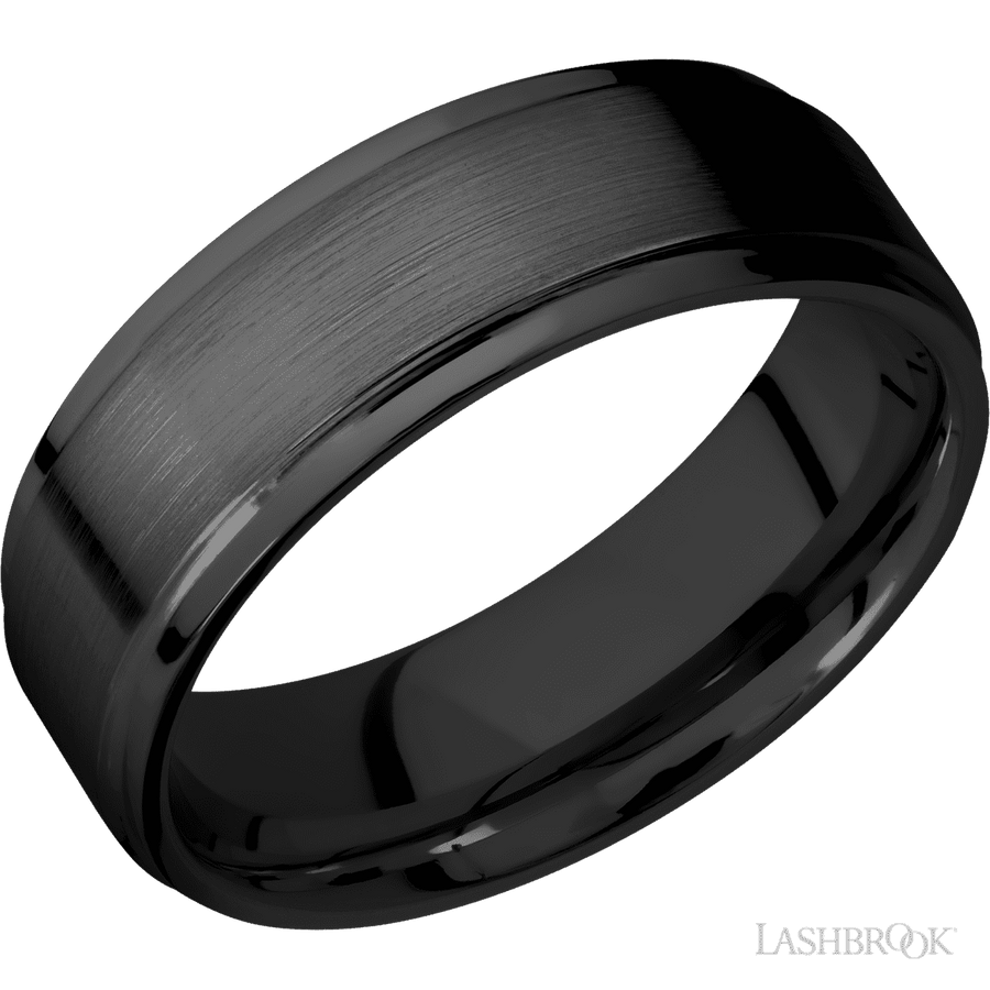 WEDDING - Grooved Edges Black Zirconium Flat Wedding Band 7mm Wide