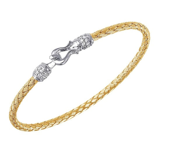 BRACELETS - 2- Tone Sterling Silver Mesh Cuff With Harp Hook CZ 3mm