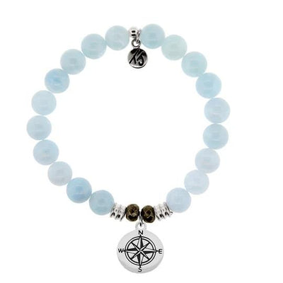Blue Aquamarine Stone Bracelet with Compass Sterling Silver Charm
