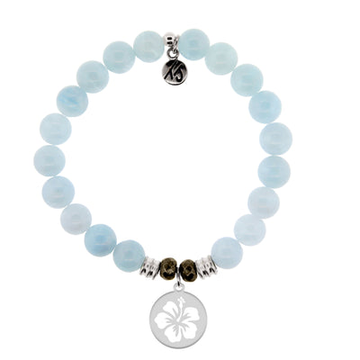 BRACELETS - Blue Aquamarine Stone Bracelet With Hibiscus Flower Sterling Silver Charm