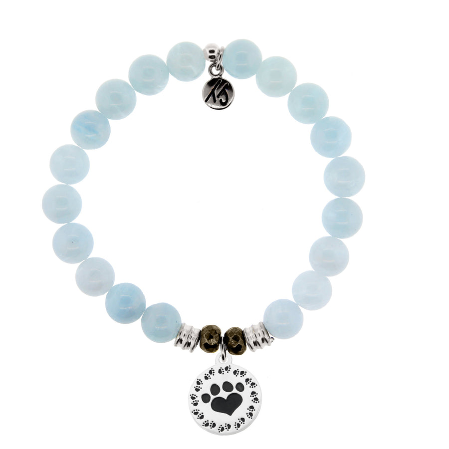 BRACELETS - Blue Aquamarine Stone Bracelet With Paw Print Sterling Silver Charm