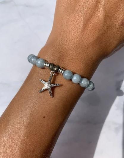 BRACELETS - Blue Quartzite Stone Bracelet With Starfish Sterling Silver Charm