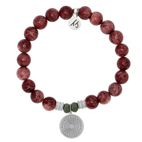 BRACELETS - Brick Red Jasper Stone Bracelet With Family Circle Sterling Silver Charm