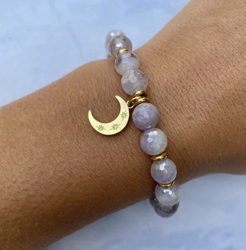 BRACELETS - Gold Collection - Mauve Jade Stone Bracelet With Friendship Stars Gold Charm