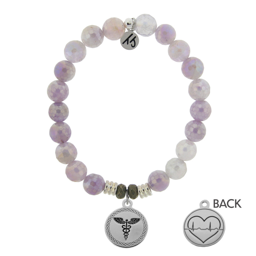 BRACELETS - Mauve Jade Stone Bracelet With Caduceus Sterling Silver Charm