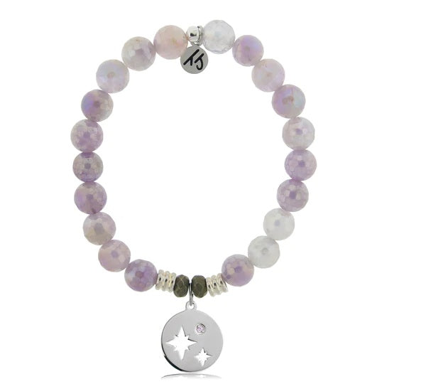 BRACELETS - Mauve Jade Stone Bracelet With Mother Daughter Sterling Silver Charm