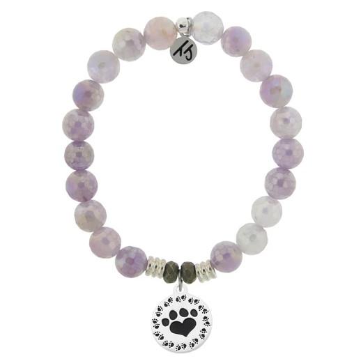 BRACELETS - Mauve Jade Stone Bracelet With Paw Print Sterling Silver Charm