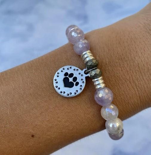 BRACELETS - Mauve Jade Stone Bracelet With Paw Print Sterling Silver Charm