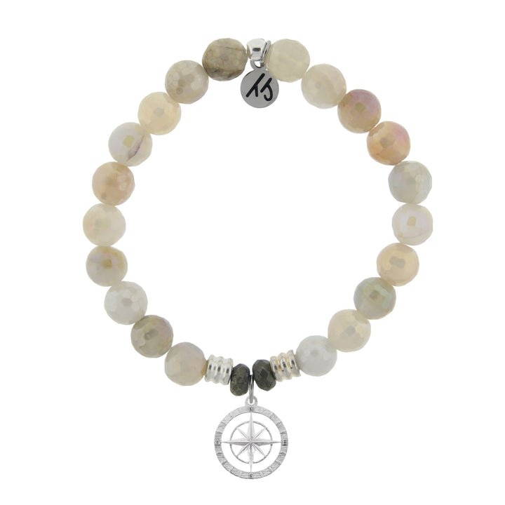 BRACELETS - Moonstone Stone Bracelet With Compass Rose Sterling Silver Charm