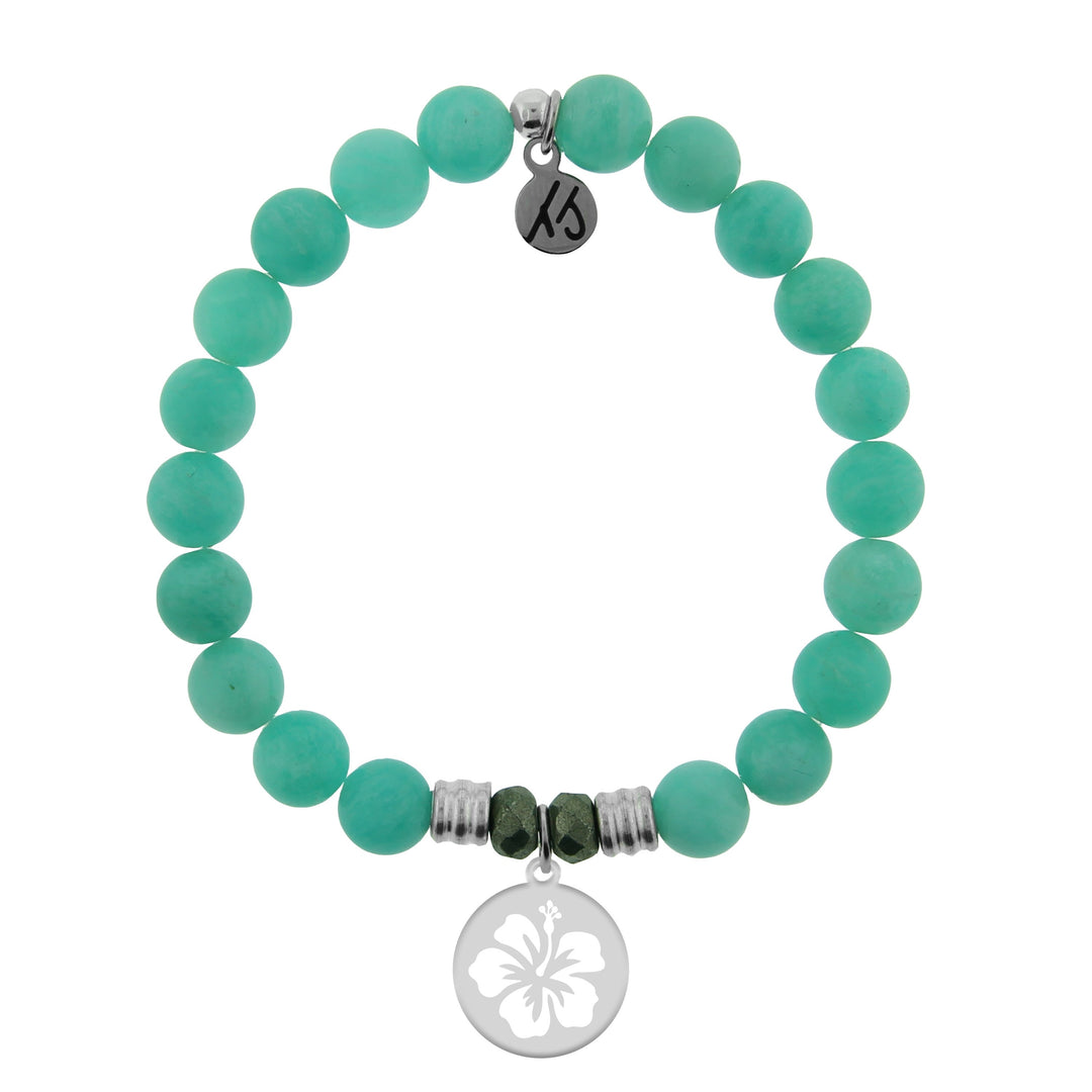 BRACELETS - Peruvian Amazonite Stone Bracelet With Hibiscus Flower Sterling Silver Charm