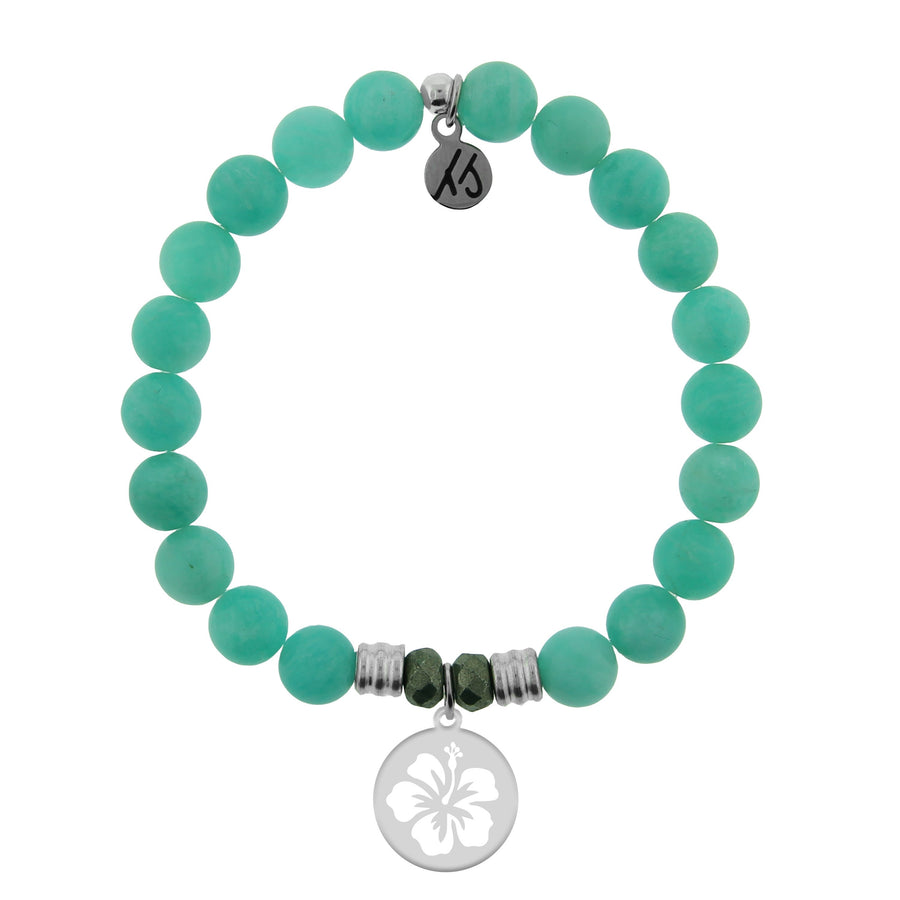 BRACELETS - Peruvian Amazonite Stone Bracelet With Hibiscus Flower Sterling Silver Charm